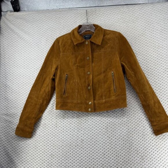 Forever 21 Suede Leather Jacket Rust Brown Trucker Full Zip Pockets Womens Small - Picture 1 of 6